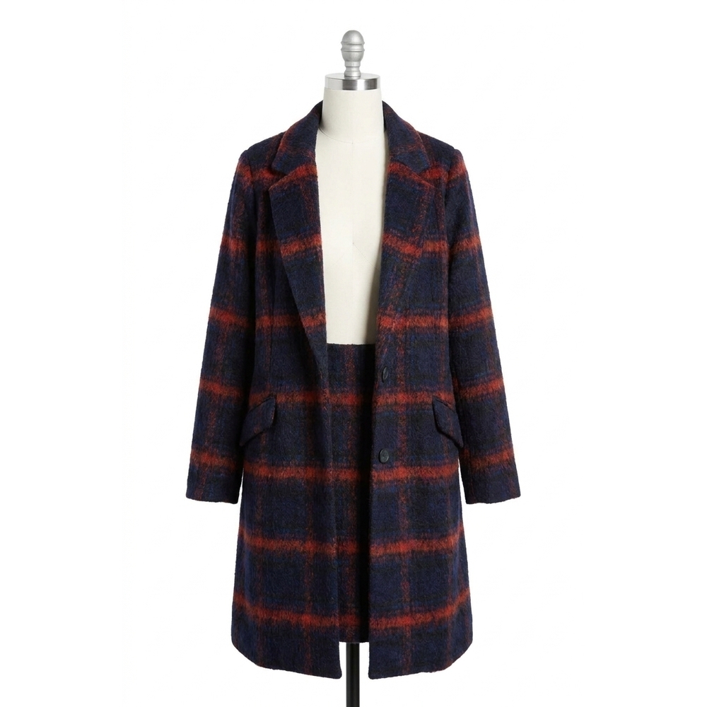NEW SKIES ARE BLUE plaid long coat in navy/orange